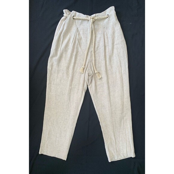 Sugarlips Pants - Linen Blend Pleated Pants Rope Belt Large Beige Natural Coastal Cottage Beach